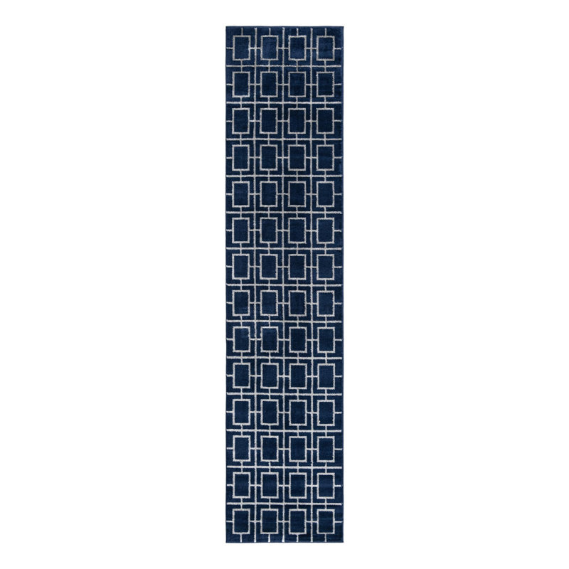 Glam Navy Blue Silver Area Rug, Runner 2'7" x 12'