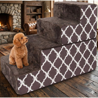Four-Step Foldable Pet Steps/Stairs with CertiPUR-US Certified Foam Core, Brown Lattice Finish, 22 Inches High