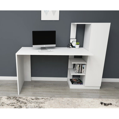Modern White Study Desk with Bookshelf, 47.2 x 29.0 x 21.7 inches | 100% Melamine Coated Particle Board, Thickness: 0.7 inches | Additional Storage with Numerous Shelves | Perfect for Home Office & Study Spaces