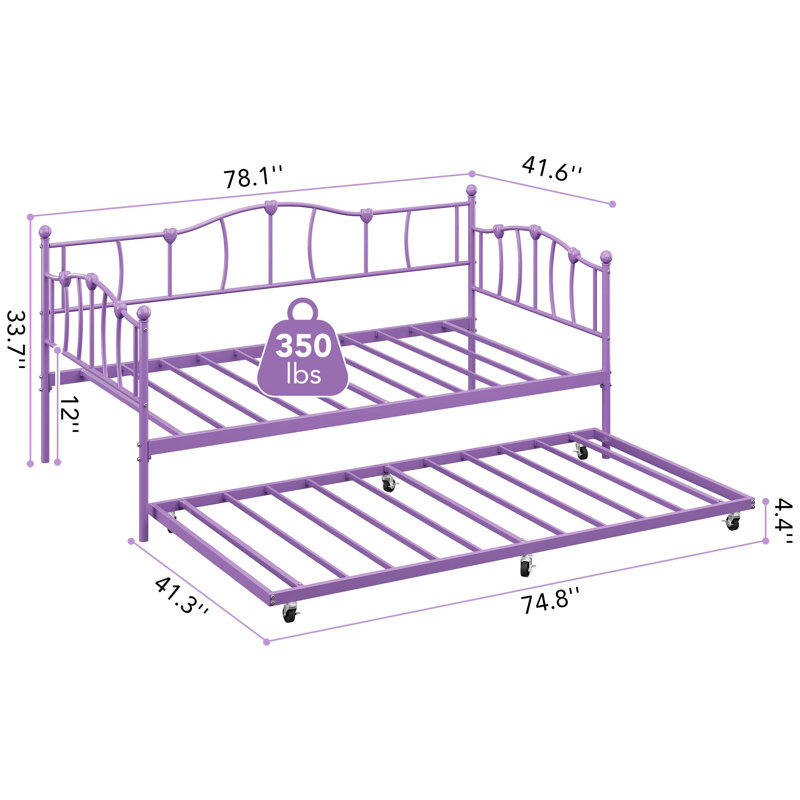 Metal Daybed With Trundle Bed, Twin Size Day Bed With Premium Metal Frame, Purple
