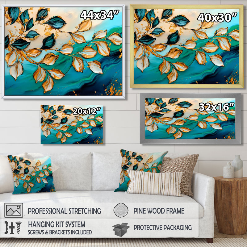 Emerald Embrace Of Golden Leaves II - Feuilles, reproduction sur toile, Reproduction encadrée d'une seule photo sans pass