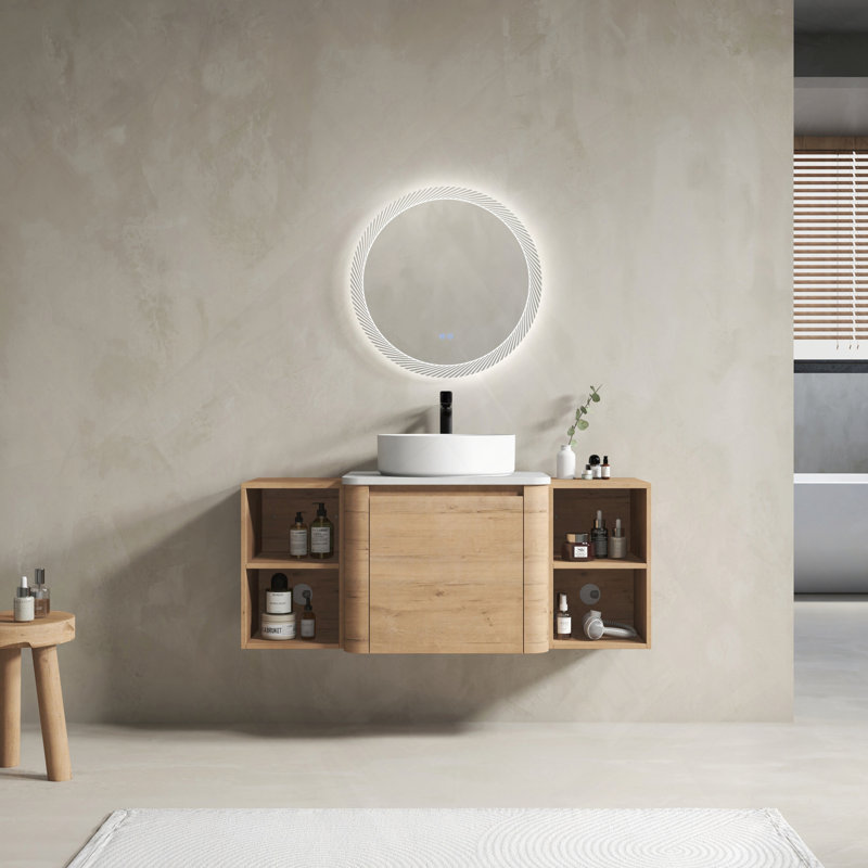 Meuble-lavabo mural avec lavabo d'art en céramique, deux tablettes de rangement et porte à fermeture en douceur