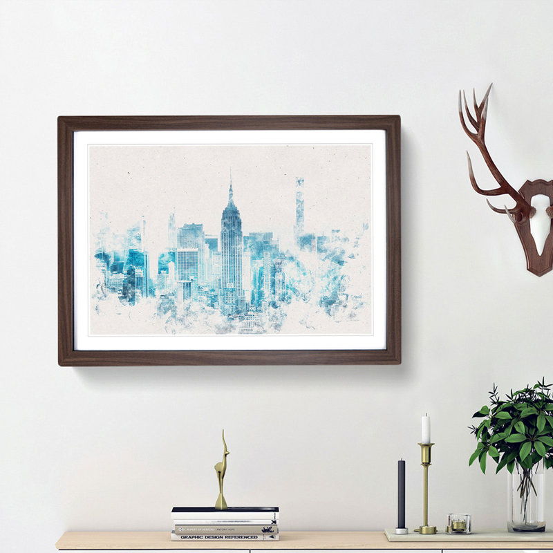 Manhattan New York Skyline Watercolour - Picture Frame Graphic Art Print, 24cm H x 33cm W x 2cm D, Walnut Framed