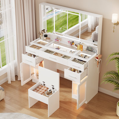 Makeup Vanity Desk With Led Mirror & Power Outlets, Glass Top & 5 Drawers, Dressing Table With 2 Lighted Cabinets