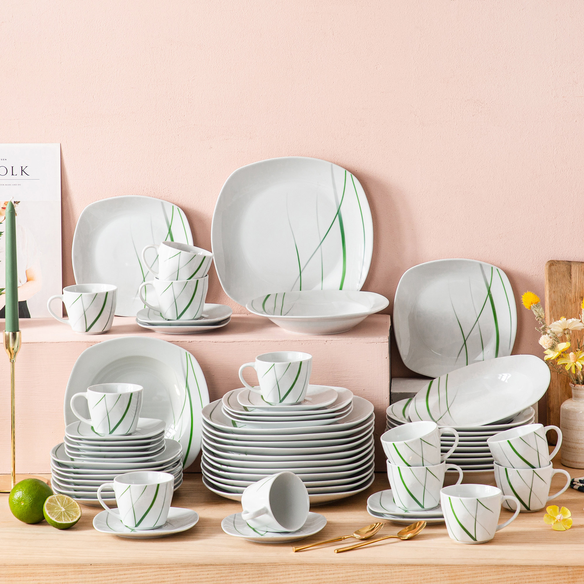 MALACASA Dinnerware Sets, 24-Piece Porcelain Square Dishes,  Gray White Modern Dish Set for 6 - Plates and Bowls Sets, Ideal for  Dessert, Salad, and Pasta - Series ELISA: Dinnerware Sets