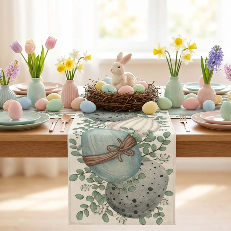 Eucalyptus, œuf de Pâques, chemin de table, décoration de salle à manger en polyester pour la fête intérieure et extérieure, 1 pièce