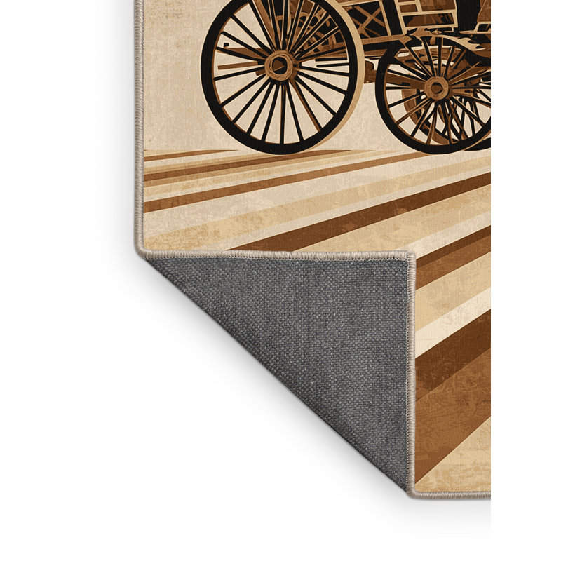 Soft Plush Dupuis War Chariot Scene Art Deco Arc Area Rug in Brown – Beige Binding, 4x6
