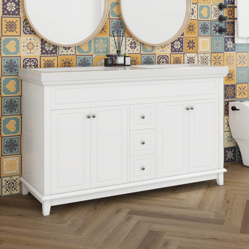 Meuble-lavabo 58 po sans lavabo, 3 tiroirs et 4 portes à fermeture en douceur, pieds en bois massif et armoire autoportante