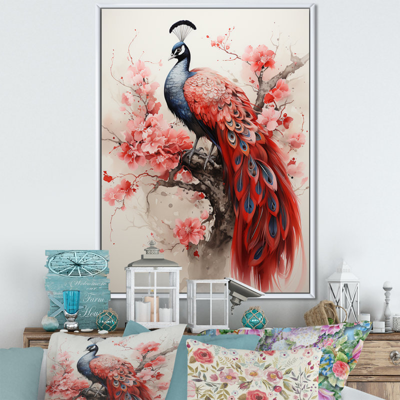 «Vintage Fantasy Peacock In Enchanted Flowers V», reproduction sur toile, H 40 po x l 30 po x P 1,5 po, Cadre flottant blanc