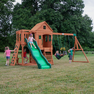 Backyard Discovery Hillcrest Cedar Wood Swing Set with Wave Slide, Clubhouse, Sandbox, and Picnic Table