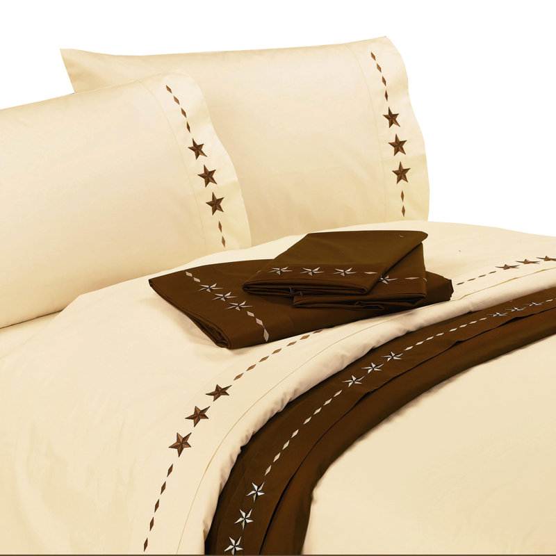 Star Sheet Embroidered Star Print 350 Thread Count Western Sheet Set, Cream, Full Sheet Set + Fitted Sheet + 2 Pillowcases