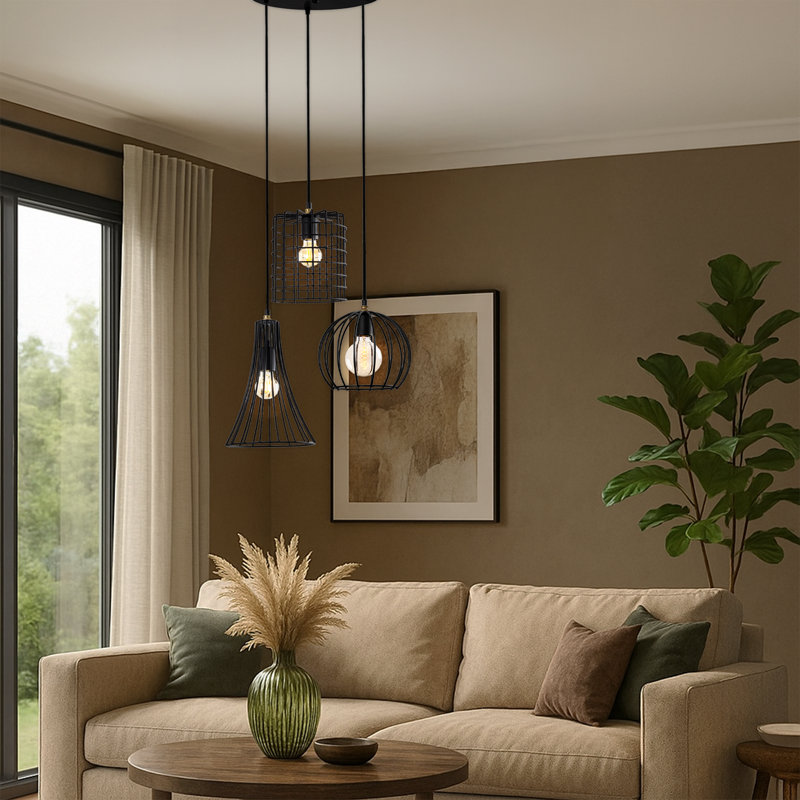 Luminaire suspendu cage en métal 3 lumières à hauteur réglable