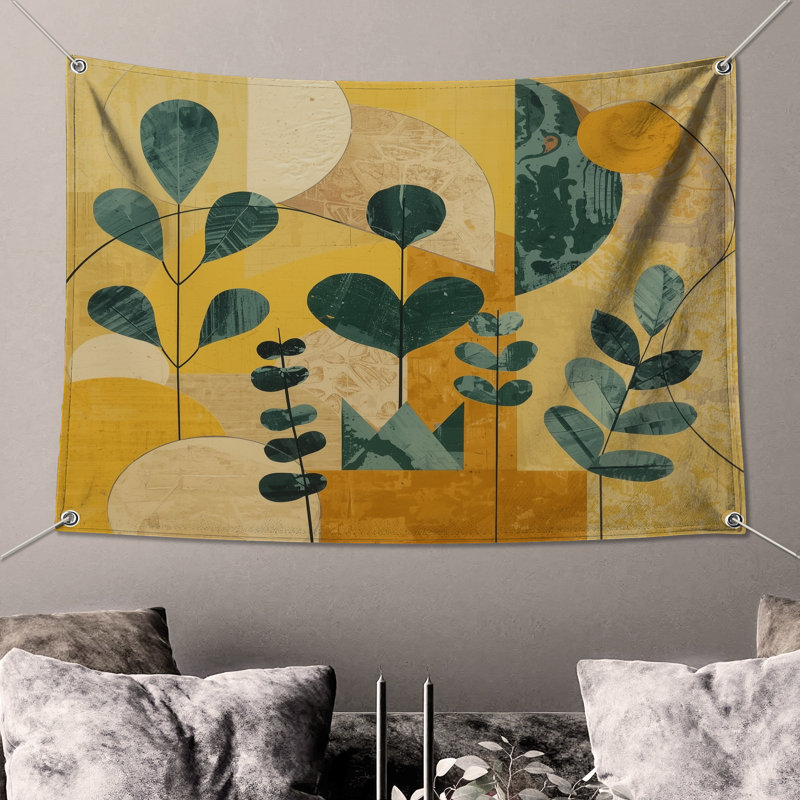 Tapisserie murale géométrique géométrique abstraite - décoration murale botanique, H 50 po x l 60 po avec 4 œillets