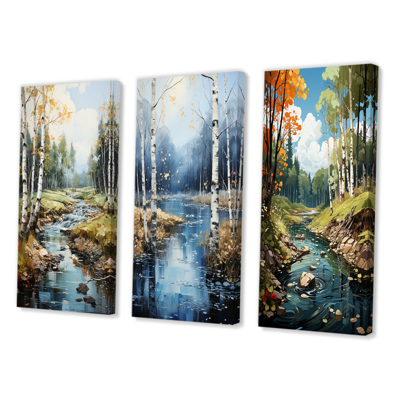 «Birch Woods Serenity Falls», 3 pièces, H 32 po x l 48 po, Toile tendue