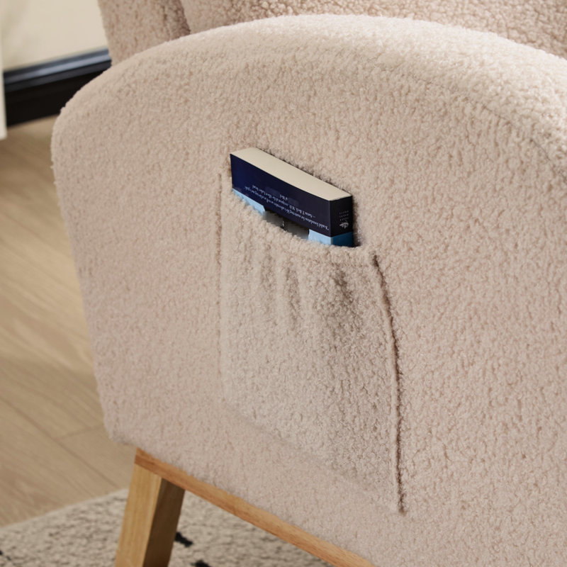 Chaise berçante d'appoint moderne avec pieds en bois massif, tissu doux et poche latérale pour porche respirant, Beige