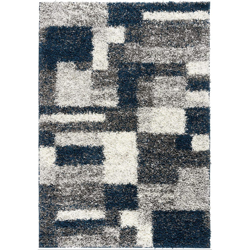 Farmerville Geometric Shag Navy/Gray/Ivory Area Rug, Rectangle 7'10" x 10'