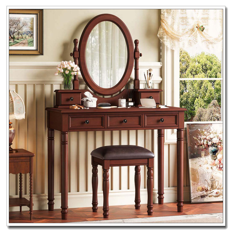 Ensemble de coiffeuse vintage avec miroir réglable et 5 tiroirs