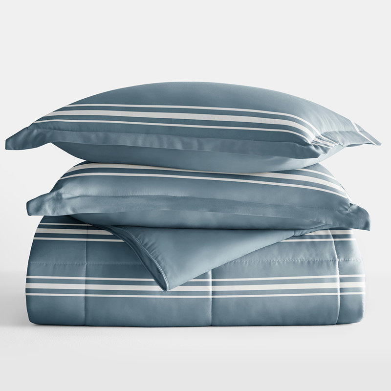 Light Blue Striped Microfiber Reversible Full Duvet Set