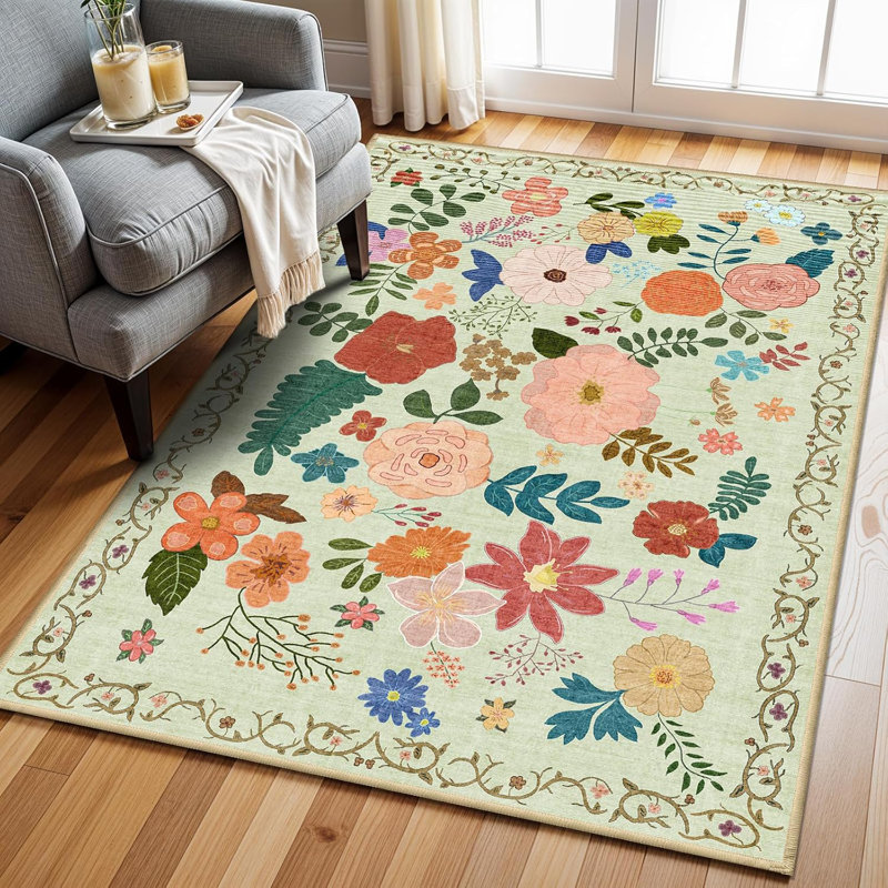 Washable Rug 3x5 Area Rugs: Soft Ultra Thin Low Pile Mat Machine Washable Indoor Doormat Lightweight Entry Rug Anti Slip Backing Rugs for Living Room Bedroom Kitchen 3'x5' Green Floral