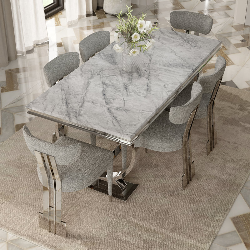 7 Piece Modern Dining Table Set With 6 Dining Chairs, Gray/Silver