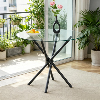 Table basse moderne moderne en verre transparent de 29,5 po avec base en X pour 4 à 6 personnes, noir