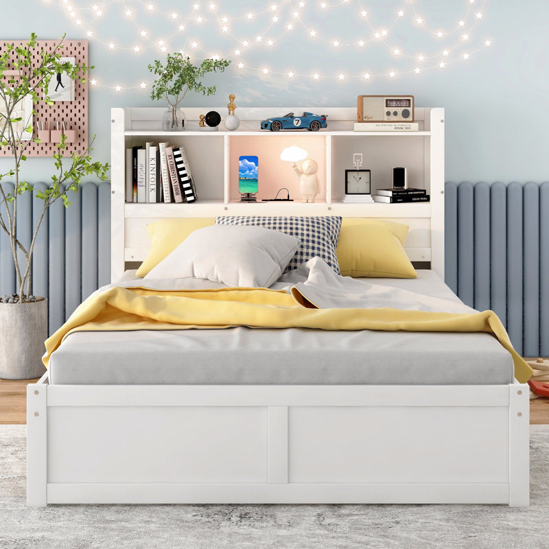 Full Size Storage Platform Bed With Pull Out Shelves, Twin Size Trundle And 2 Drawers, White