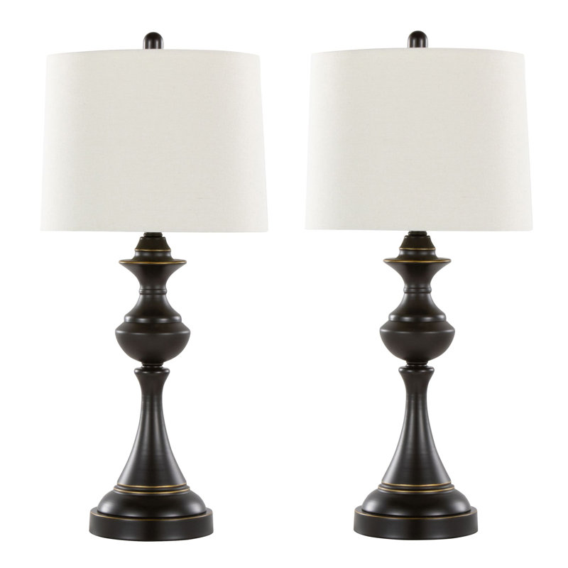Lampe de table contemporaine en métal 29 po, bronze huilé avec abat-jour en lin blanc cassé, ensemble de 2