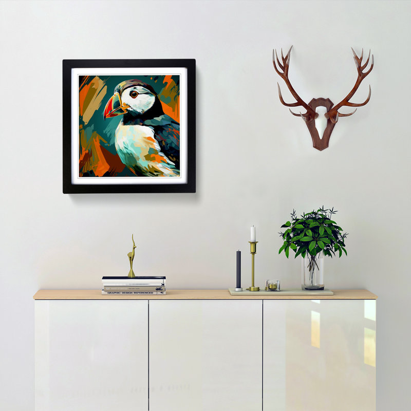 Puffin Abstract Expressionism - Single Picture Frame Print on Wood, Black