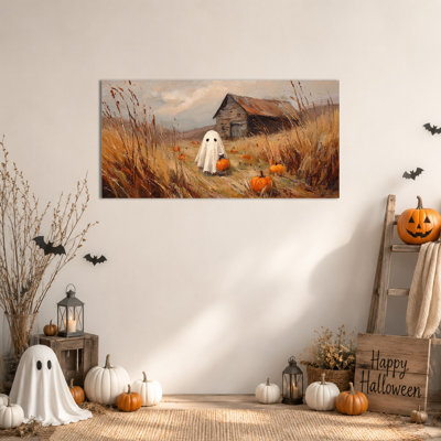Grand art mural sur toile d'Halloween fantôme avec citrouilles, décor de photos de fantômes de campagne rétro pour le salon, la chambre à coucher, l'entrée, la salle de bain, prêt à être accroché, 58 po x 28 po