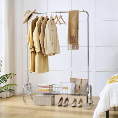 Heavy Duty Rolling Garment Rack with Basket - 2 Pcs per Carton, Mobile Clothes Hanger