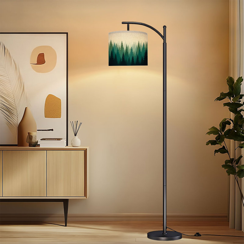 Lampe sur pied à arc avec abat-jour réglable Serene Forest Landscape Misty Pine Trees Layered Tones Green Lamp Lamping