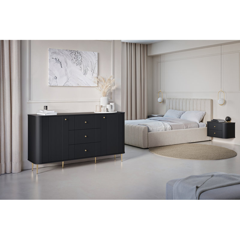 Dayzee 56cm W Manufactured Wood Bedside Table, Black, Black, Black/Gold