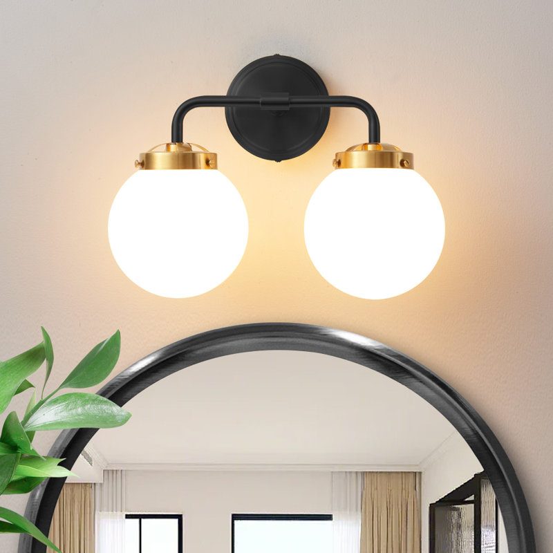 Luminaire de salle de bain à intensité variable avec abat-jour en verre soufflé à la main Karlei, 2, Noir et or, Blanc