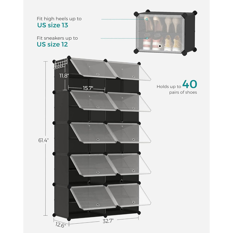 Interlocking Shoe Rack, Plastic Shoe Storage Cabinet, 10-Slot Modular Storage Organizer Unit, 11.8 X 15.7 X 11.8 Inches For Each Slot, With Doors, Steel Frame, Plastic Panel