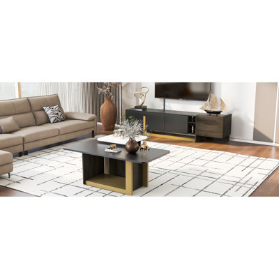 VIBE HAUS Modern Light Luxury TV Stand And Coffee Table Set Of 2, Modern TV Console,Wood Center Tables With Spacious Top, Storage Cabinet & Open Adjustable Shelves For Living Room