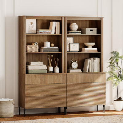 71.6"H X 63"W Set Of 2 Bookcase With Storage Cabinets, 6 Tier Bookshelf With Fluted Drawers And Adjustable Shelves, Large Modern Display Cabinet For Living Room Bedroom Home Office Kitchen