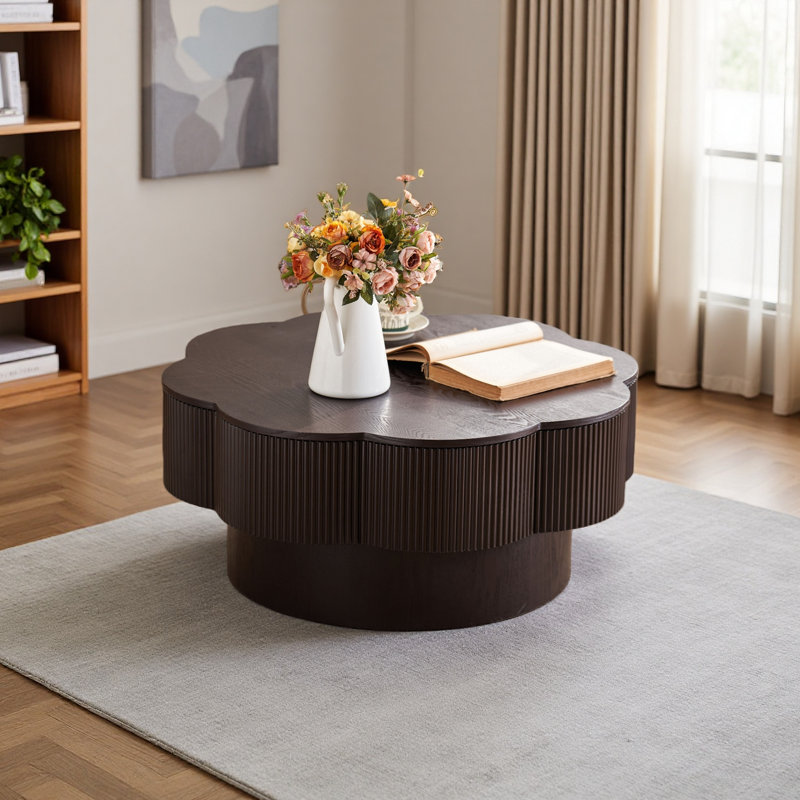 Table basse 31,50 "en forme de fleur moderne, table basse en forme de fleur de prunier avec rangement, Marron foncé