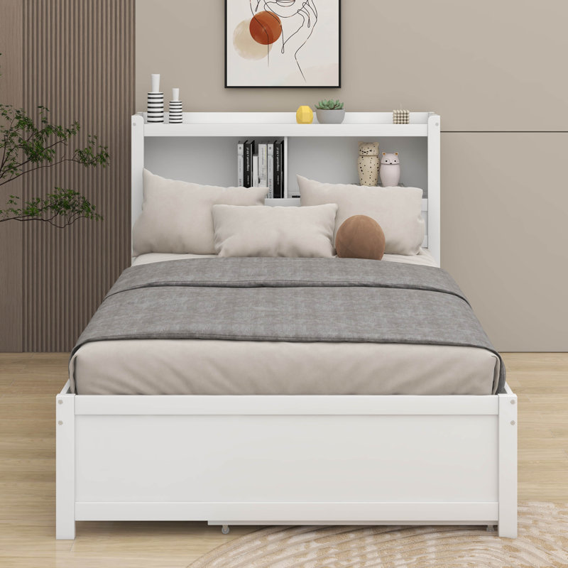 Lit plateforme double avec lit gigogne, tiroirs et port USB, Blanc
