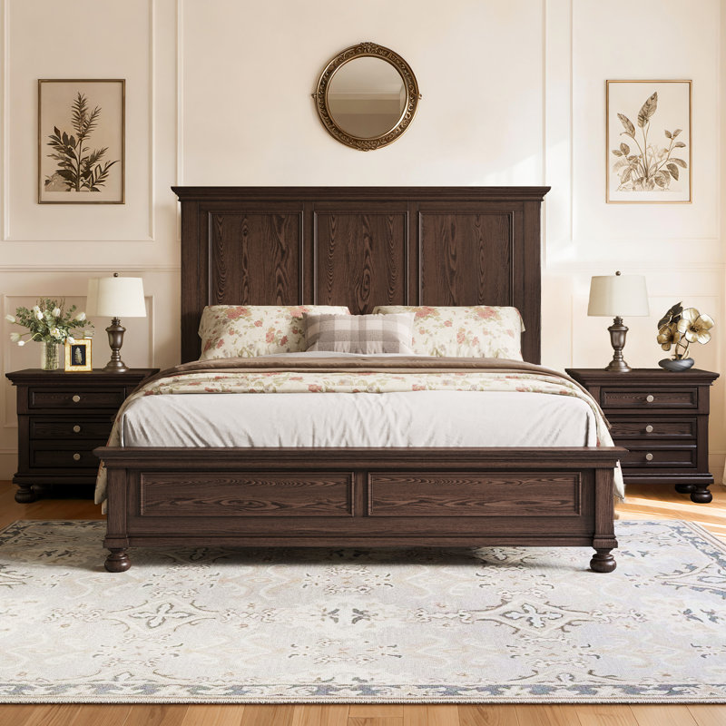 3-Piece Classic Solid Wood Bedroom Set,Includes 65" H King Size Bed And Two Nightstands,Dark Brown, Dark Brown, King