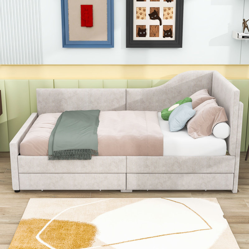 Lit de jour simple rembourré avec 2 tiroirs de rangement, Beige