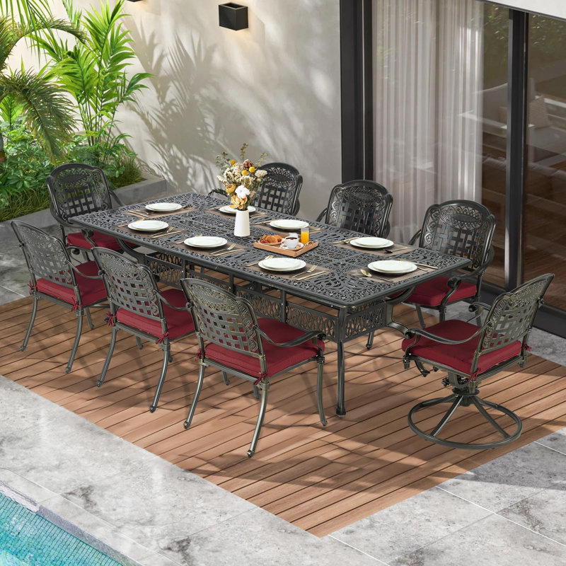 Meetwarm 9-Piece Outdoor Patio Dining Set For 8, All Weather Cast Aluminum Patio Funiture Table And Chairs Set- 94.5" Rectangular Table And 2 Swivel Rocker Chairs, 6 Stationary For Garden