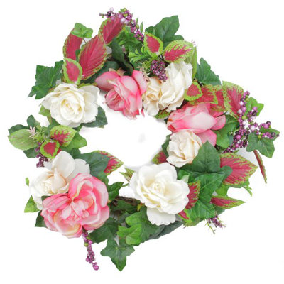 Rose and Berries Artificial Floral Wreath White 22.5-Inch