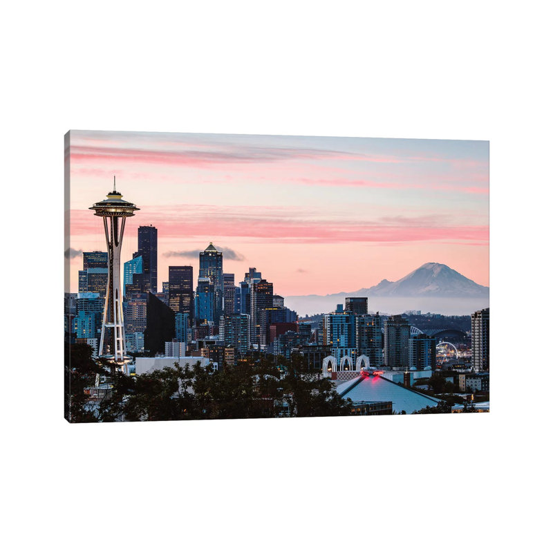 Skyline At Dawn With Mt. Rainier, Seattle, Usa by Matteo Colombo - No Frame Print on Canvas, 20.32 cm H x 30.48 cm W