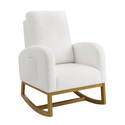Fauteuil à bascule moderne rembourré pour chambre d'enfant, grand modèle, avec dossier haut, pieds en hévéa, poches latérales, fauteuil d'appoint pour salon ou chambre à coucher, blanc