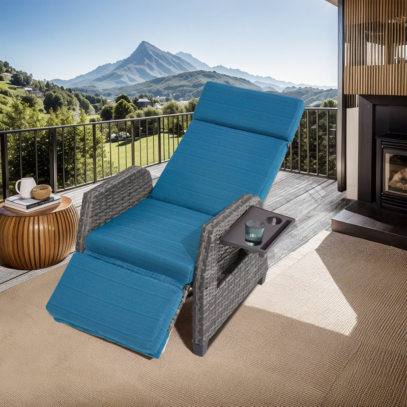 Outdoor Patio Recliner Chair, 180° Flat Reclining Lounge Chair With Flip Side Table & Adjustable Backrest, Rattan Wicker Balcony Recliner With 25D Sponge & Upgraded Olefin Fabric