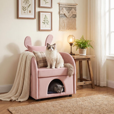 Velvet Cat Hideaway Accent Chair Bed with Bunny Ear Backrest, Pet Cubby and Side Pocket