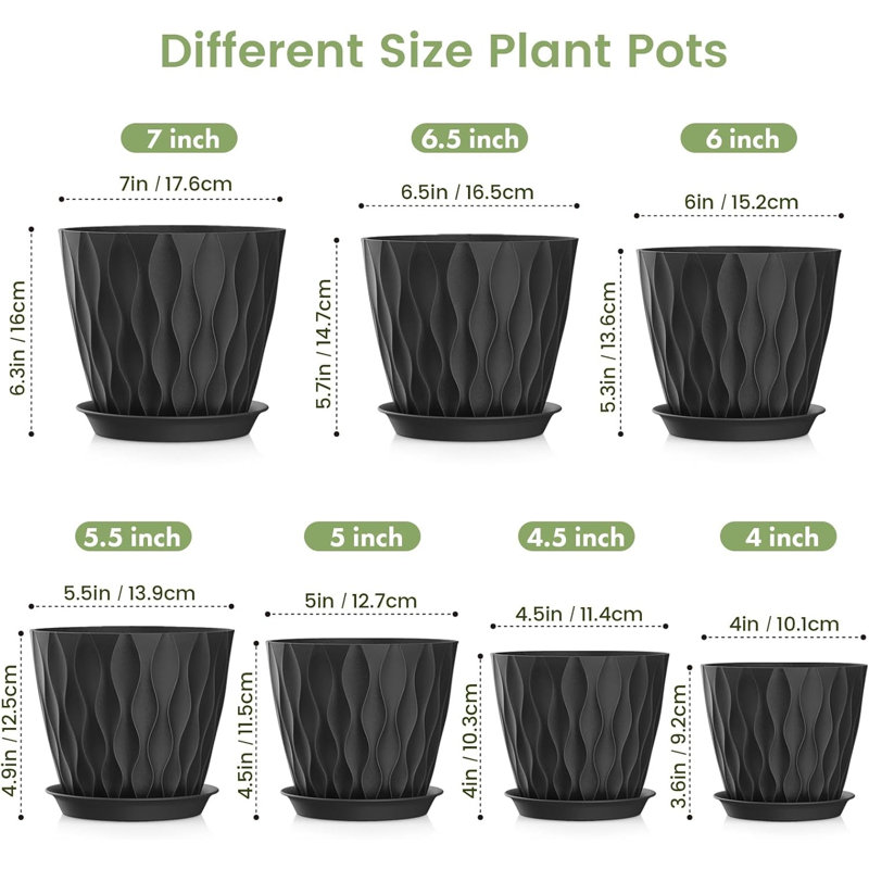 Ensemble de 7 pots à plantes en plastique noirs (7 / 6,5 / 6 / 5,5 / 5 / 4,5 / 4 pouces)