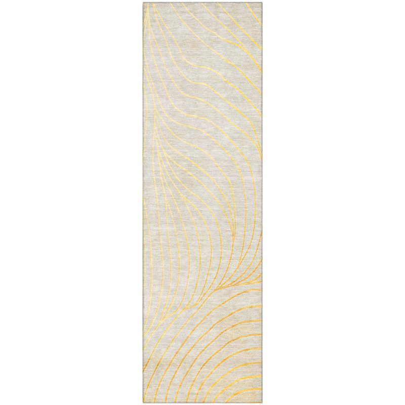 Premium Machine Washable Mayfield AMF2107 Swirls Rug, Gold, 2'3" x 7'6" Runner