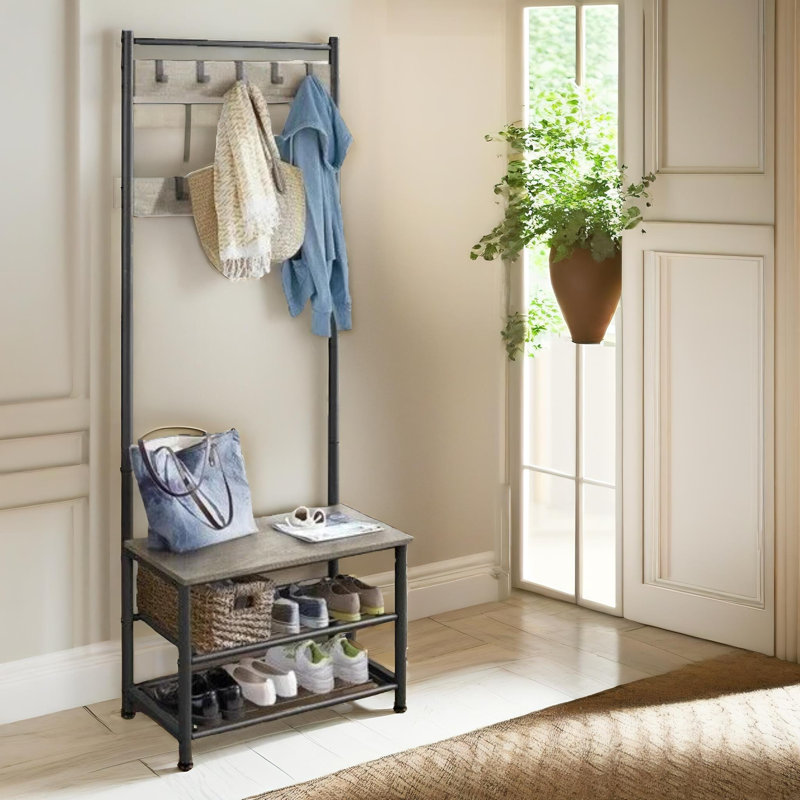 Aketzali Hall Tree 72.5cm Wide Grey Rustic with Shoe Storage Shelves Entryway Hallway Furniture