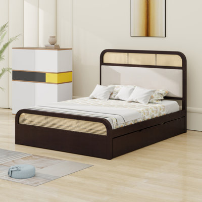 Wooden Platform Bed With Trundle And 2 Drawers